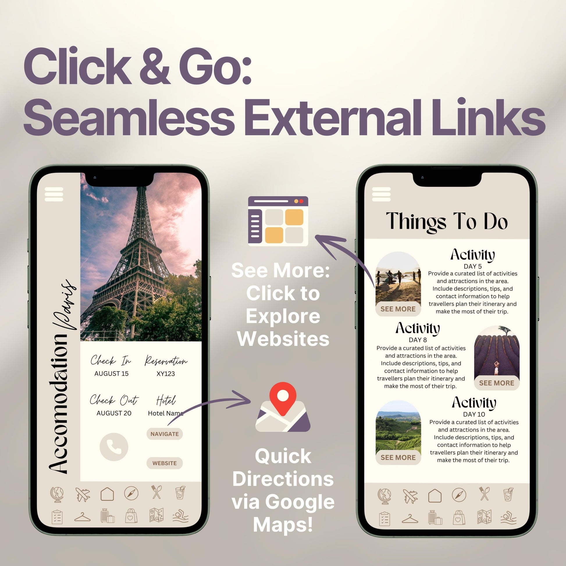 Two smartphones display an interactive digital travel guide interface. Text highlights features like “Quick Directions via Google Maps!” and “Click to Explore Websites,” emphasizing seamless external link integration for an app-like travel experience.