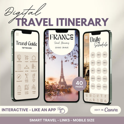 Digital travel itinerary displayed on three smartphones, featuring an interactive travel guide, daily schedule, and itinerary cover.
