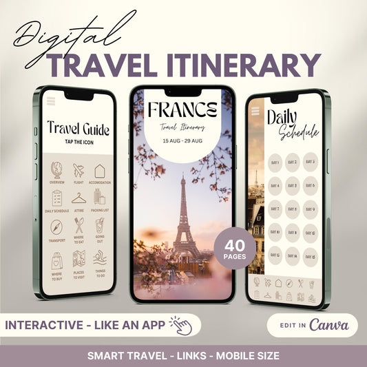 Digital travel itinerary displayed on three smartphones, featuring an interactive travel guide, daily schedule, and itinerary cover.