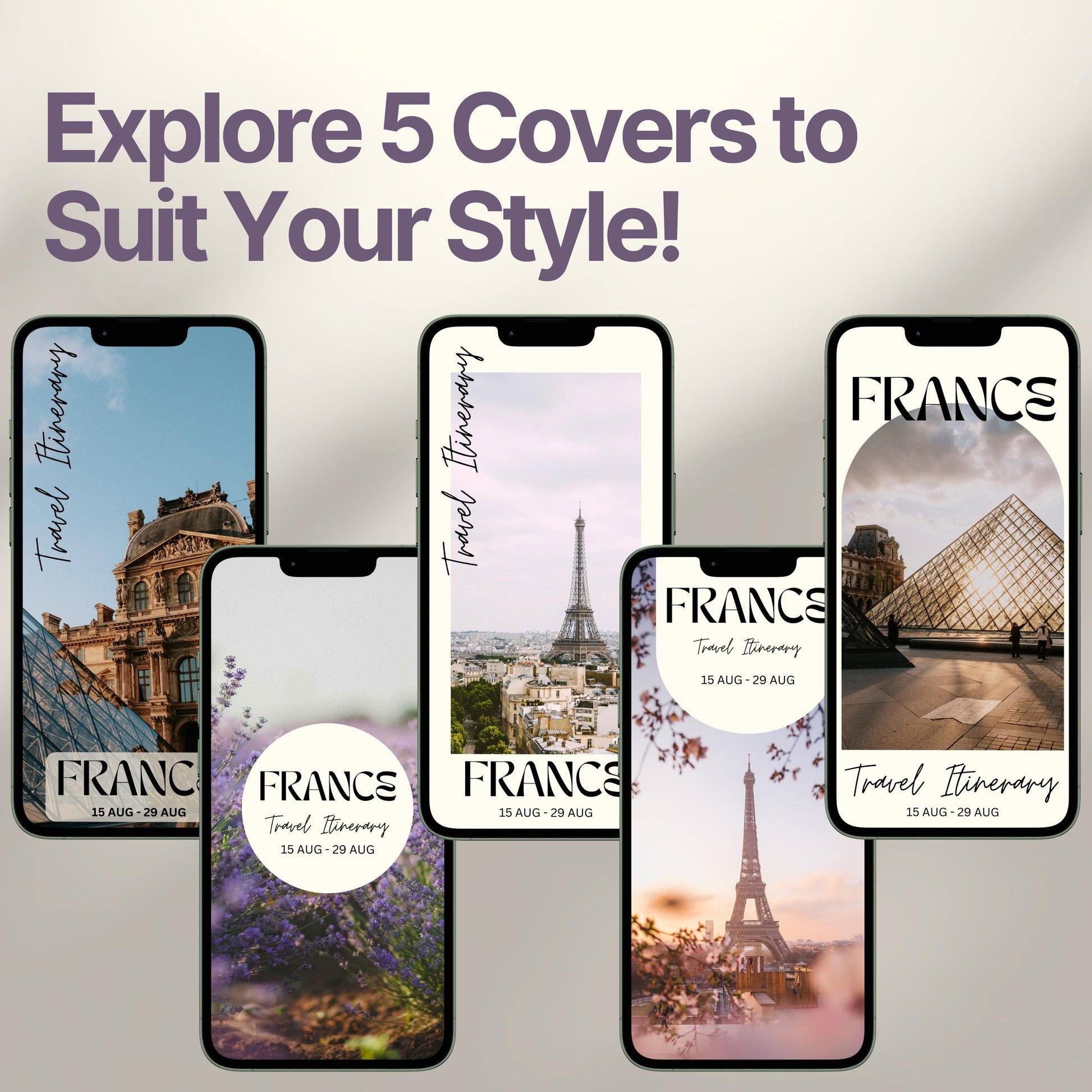 Five smartphone screens display different stylish cover designs. The headline above reads “Explore 5 Covers to Suit Your Style!” showcasing customization options for travelers.