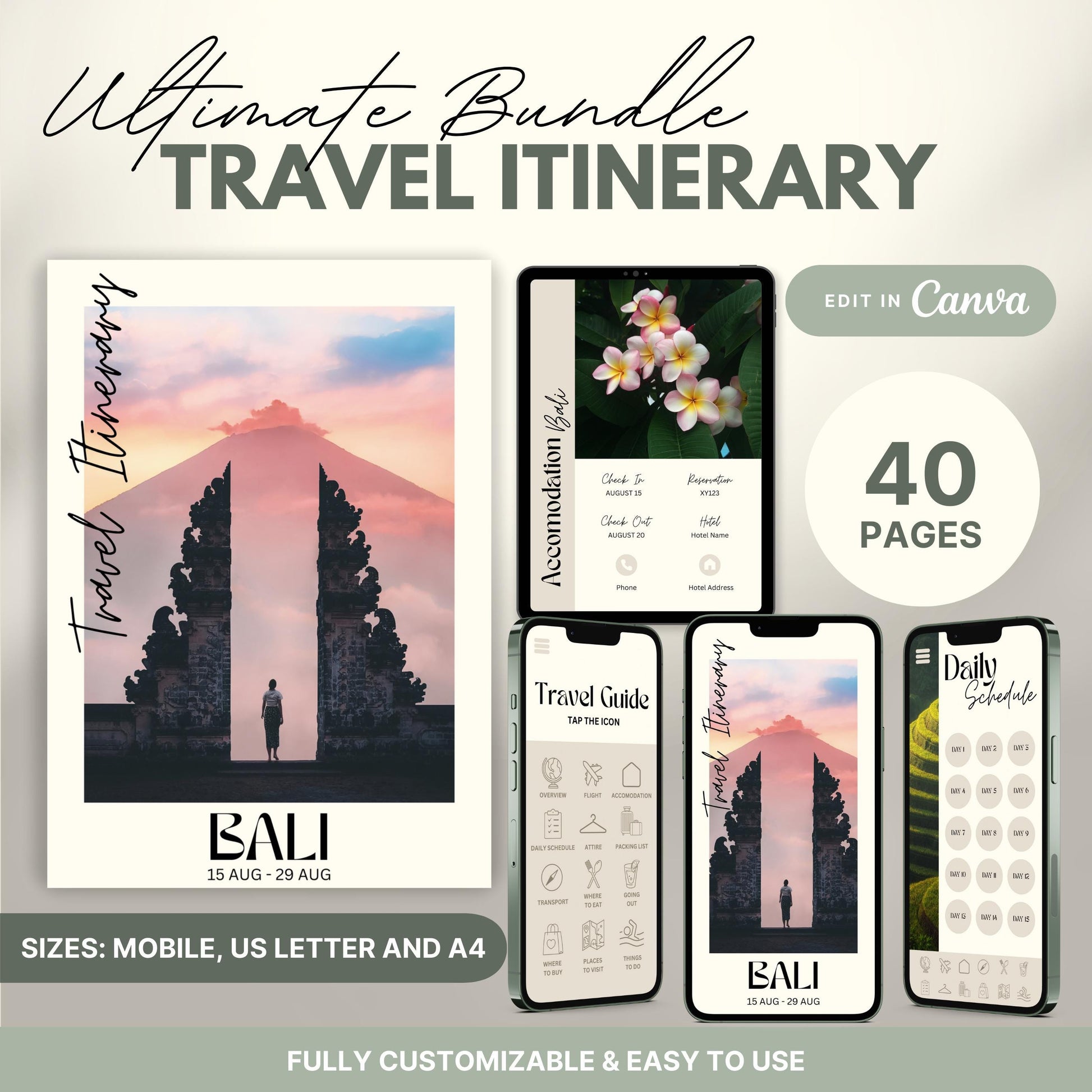 A promotional graphic showcasing a travel itinerary bundle, featuring digital and printable versions.