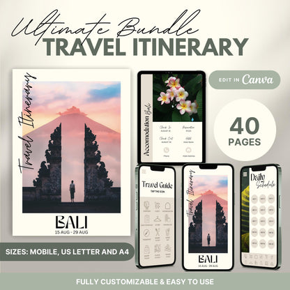 A promotional graphic showcasing a travel itinerary bundle, featuring digital and printable versions.
