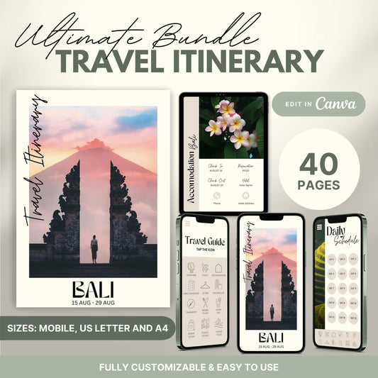 A promotional graphic showcasing a travel itinerary bundle, featuring digital and printable versions.
