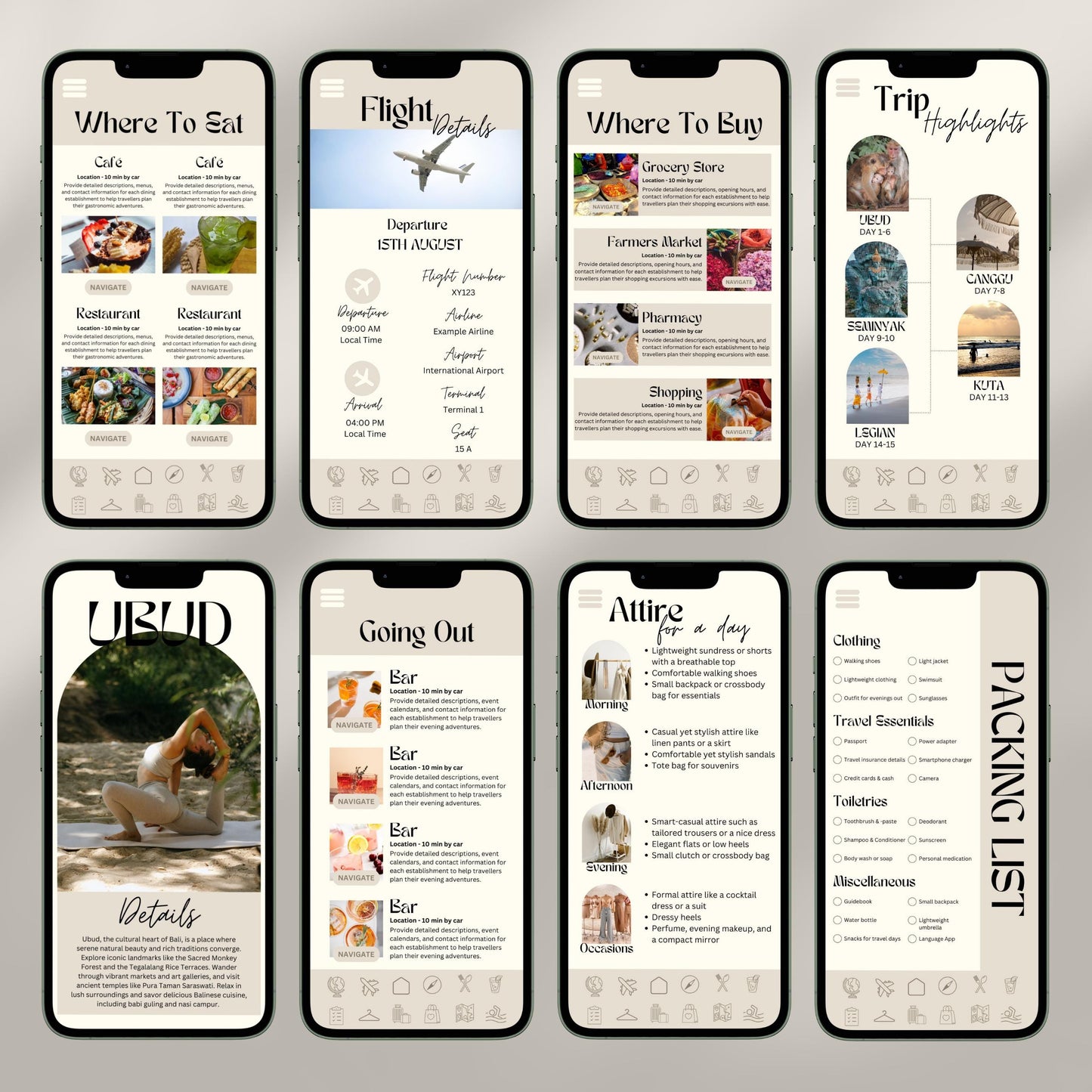 A collage of eight smartphone screens showcases a digital travel itinerary interface. Each screen displays different sections.