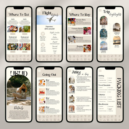A collage of eight smartphone screens showcases a digital travel itinerary interface. Each screen displays different sections.