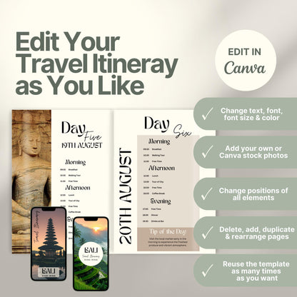 A promotional graphic for a customizable travel itinerary template. On the right, a checklist highlights editable features: change text, font, and colors; add personal or stock photos; rearrange elements; duplicate pages; and reuse the template multiple times. A Canva logo indicates editing is done in Canva.