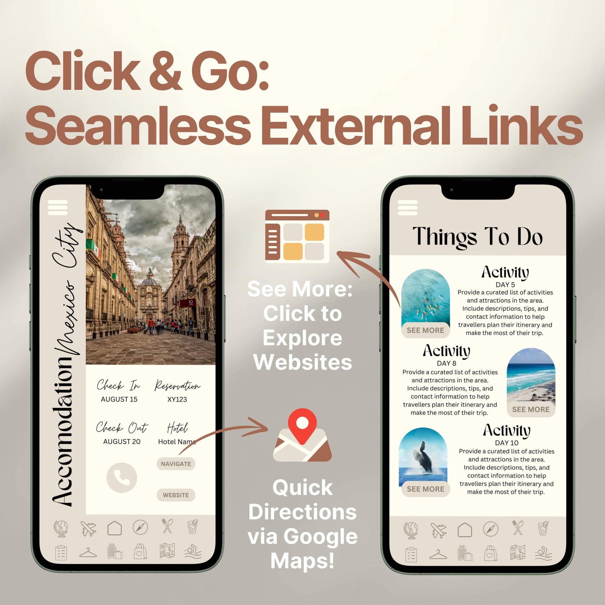 Two smartphones display an interactive digital travel guide interface. Text highlights features like “Quick Directions via Google Maps!” and “Click to Explore Websites,” emphasizing seamless external link integration for an app-like travel experience.