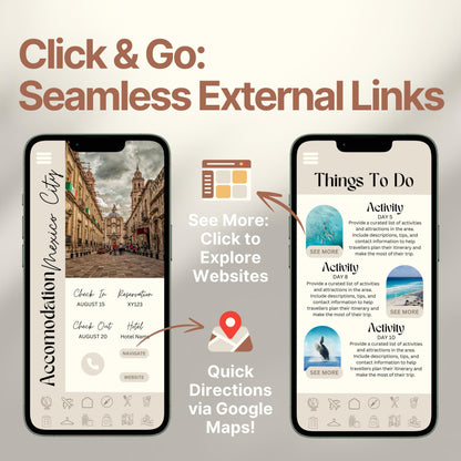Two smartphones display an interactive digital travel guide interface. Text highlights features like “Quick Directions via Google Maps!” and “Click to Explore Websites,” emphasizing seamless external link integration for an app-like travel experience.