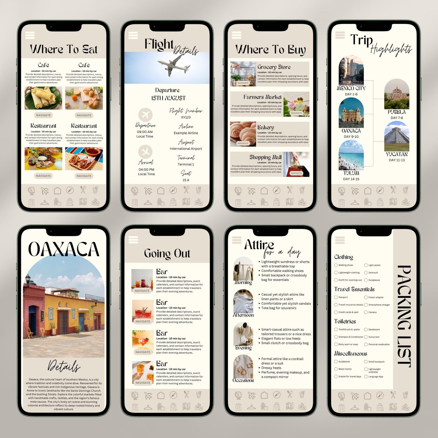 A collage of eight smartphone screens showcases a digital travel itinerary interface. Each screen displays different sections.
