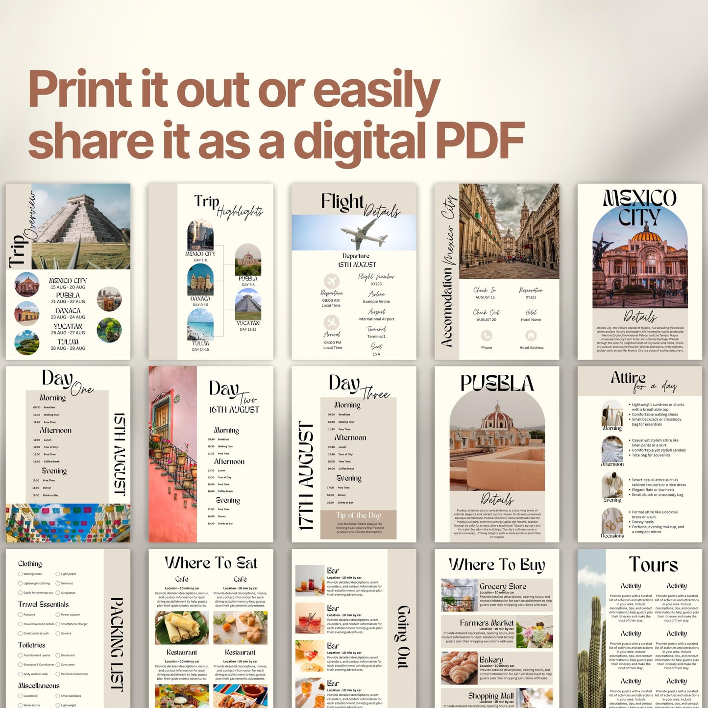 A preview layout showing multiple pages from a travel itinerary template. The design is modern, organized, and visually rich with photos of destinations, local cuisine, and cultural icons.