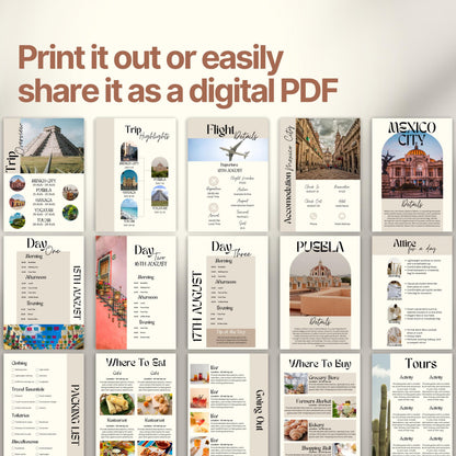A preview layout showing multiple pages from a travel itinerary template. The design is modern, organized, and visually rich with photos of destinations, local cuisine, and cultural icons.