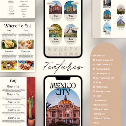 A feature overview of a digital travel itinerary template. The image displays mobile and print pages.
