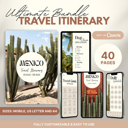 A promotional graphic showcasing a travel itinerary bundle, featuring digital and printable versions.