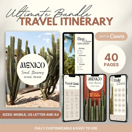 A promotional graphic showcasing a travel itinerary bundle, featuring digital and printable versions.