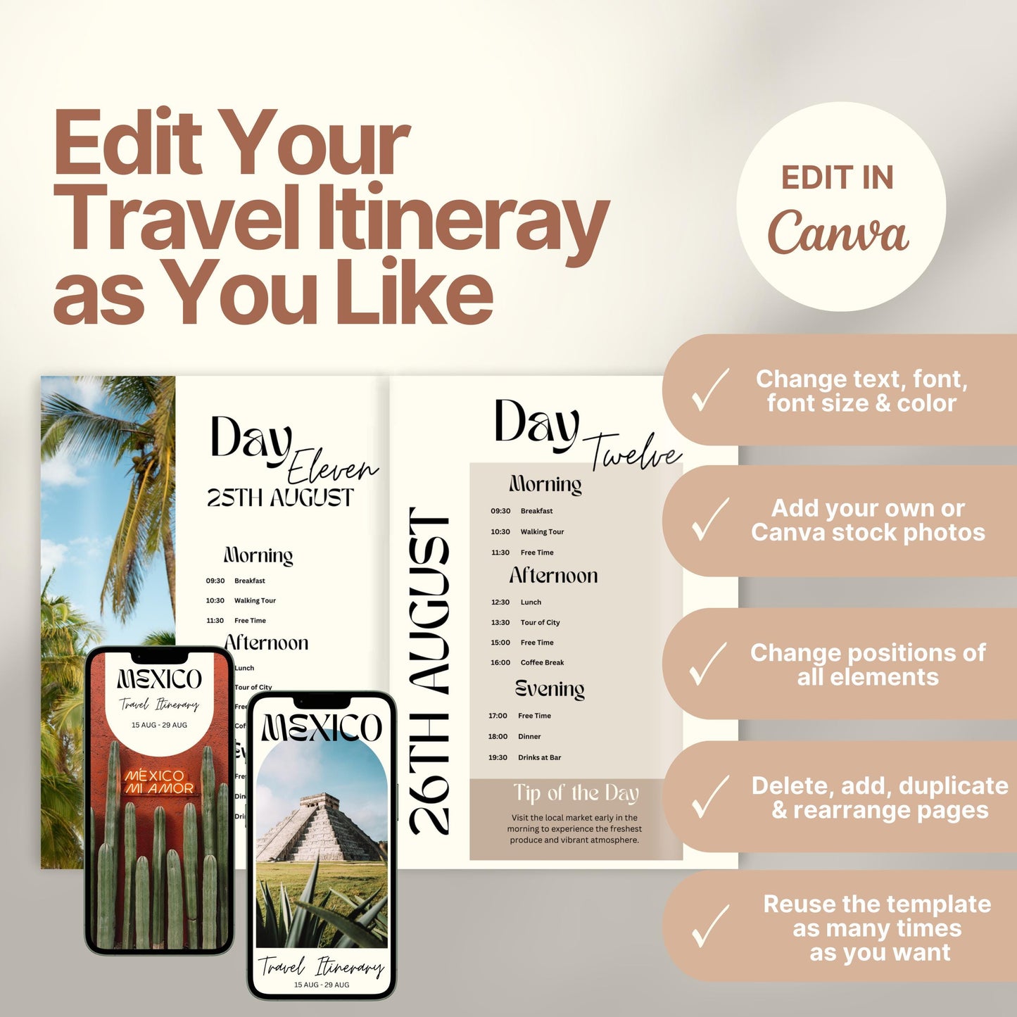 A promotional graphic for a customizable travel itinerary template. On the right, a checklist highlights editable features: change text, font, and colors; add personal or stock photos; rearrange elements; duplicate pages; and reuse the template multiple times. A Canva logo indicates editing is done in Canva.