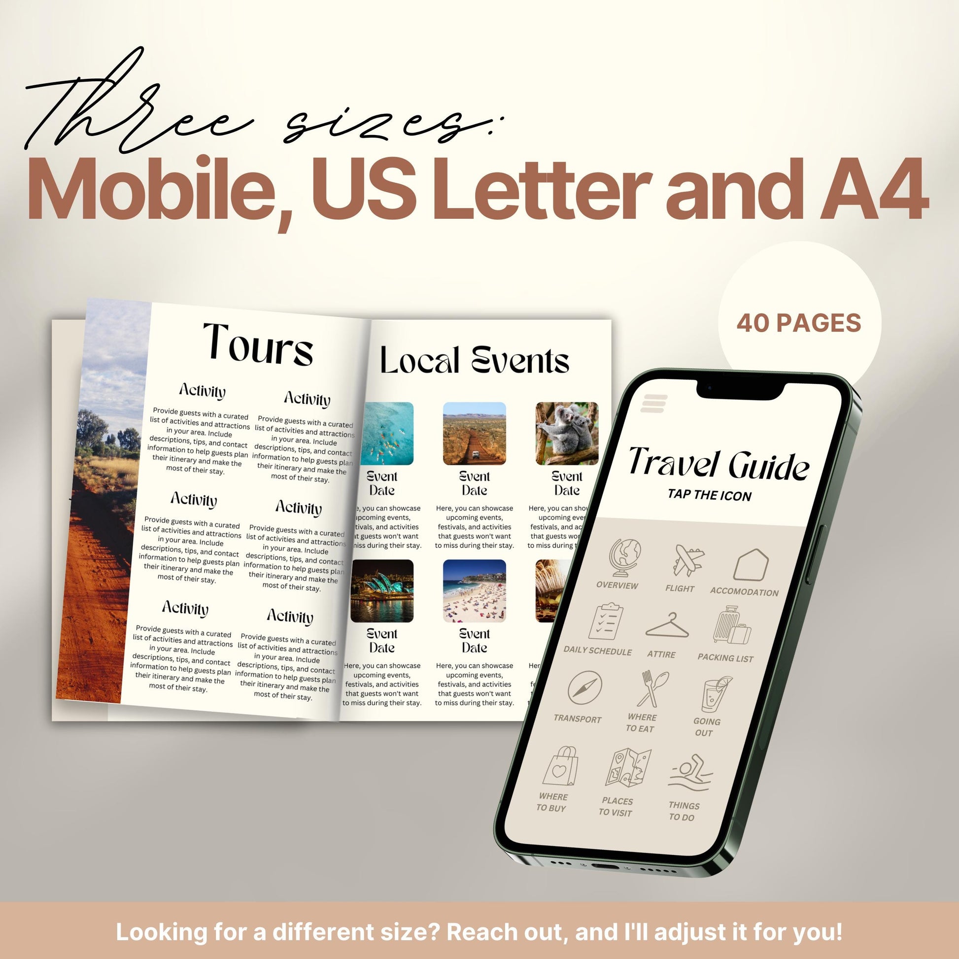 A promotional image for a travel itinerary template available in three sizes: Mobile, US Letter, and A4. 