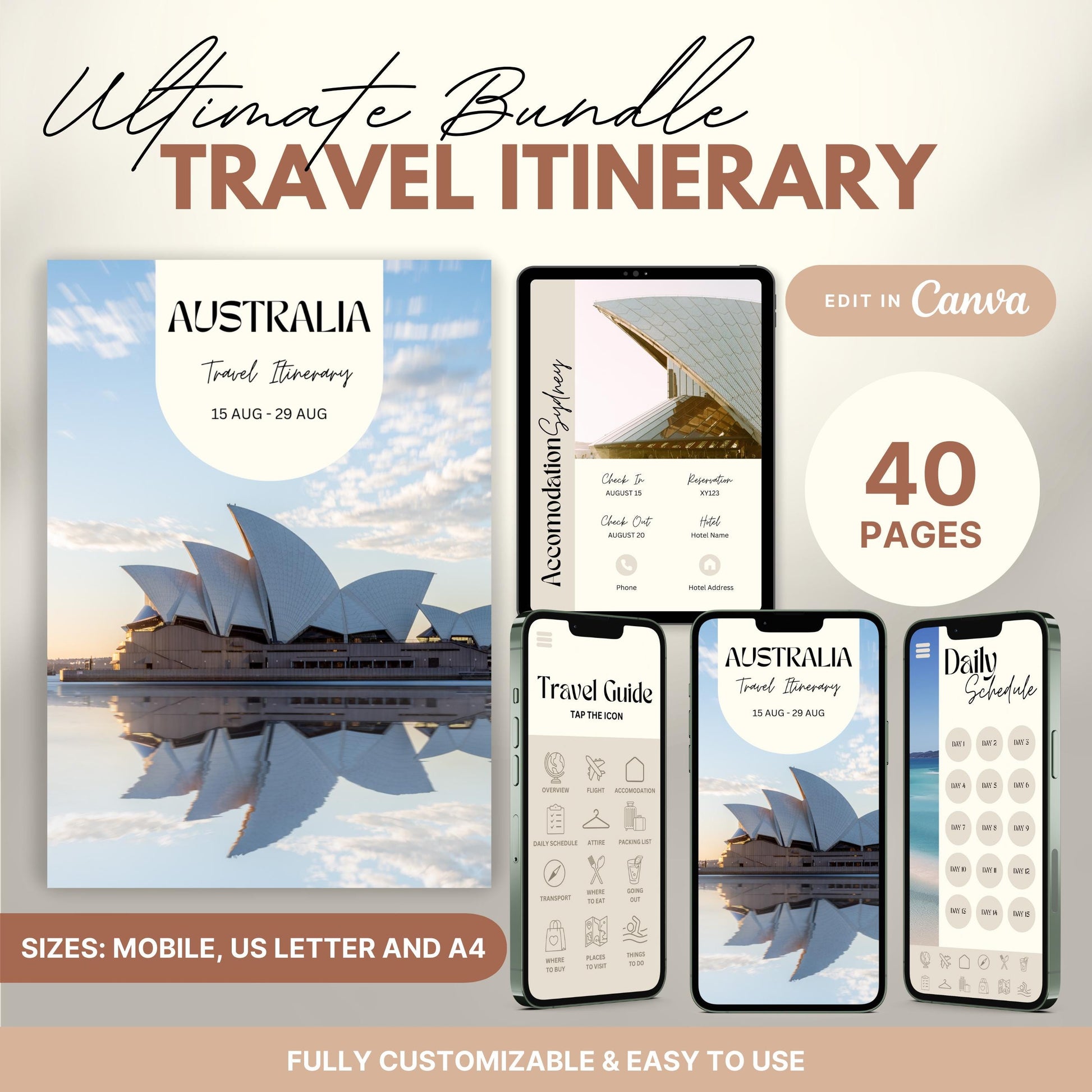 A promotional graphic showcasing a travel itinerary bundle, featuring digital and printable versions.