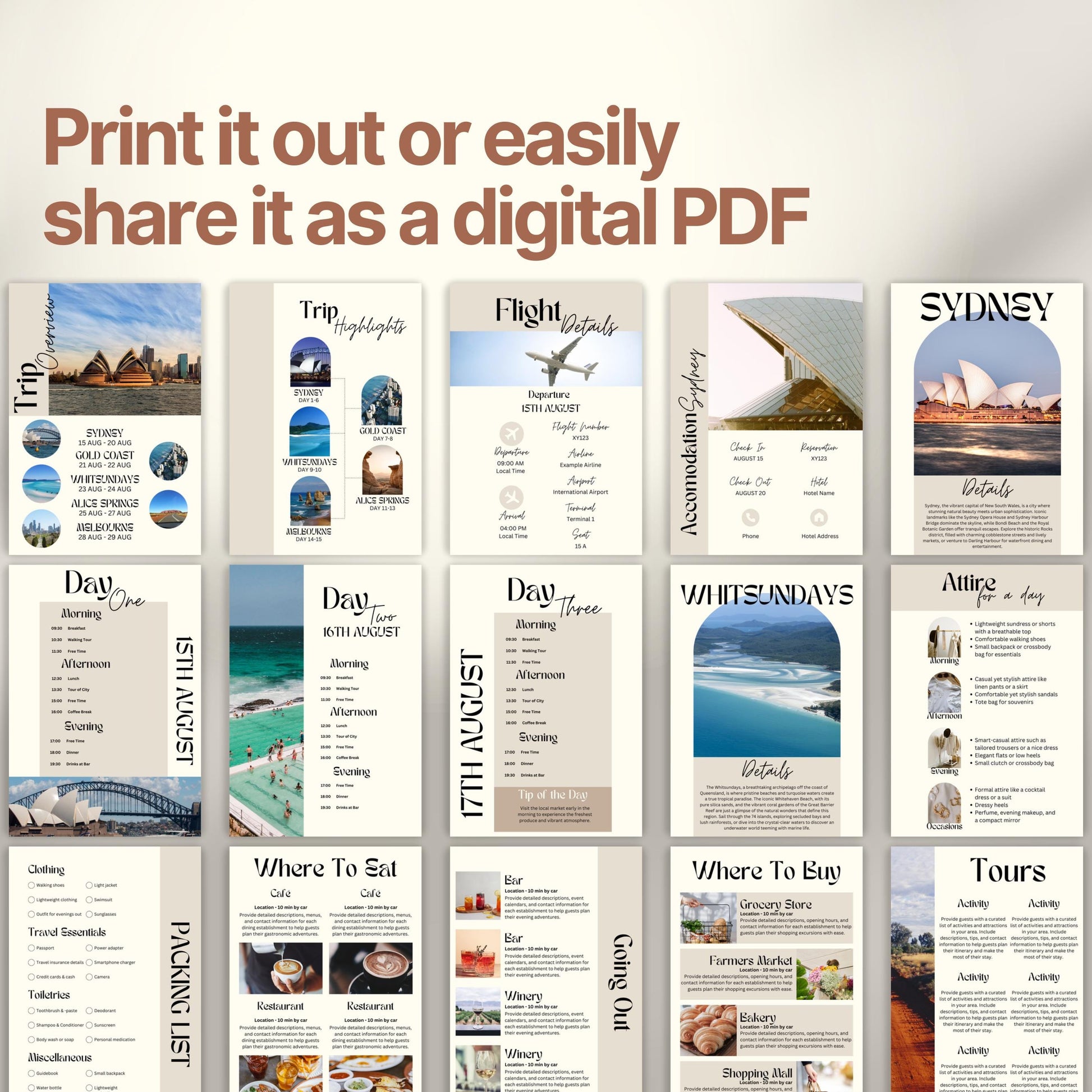 A preview layout showing multiple pages from a travel itinerary template. The design is modern, organized, and visually rich with photos of destinations, local cuisine, and cultural icons.