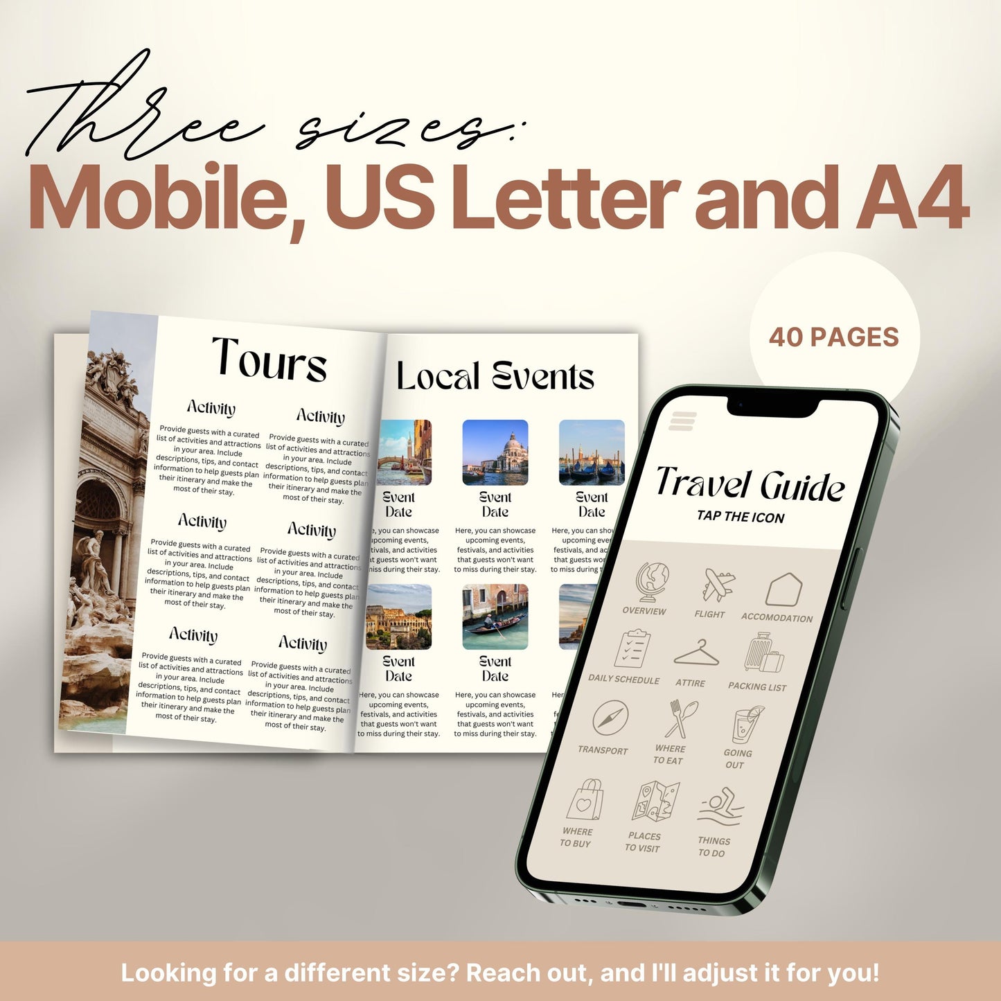 A promotional image for a travel itinerary template available in three sizes: Mobile, US Letter, and A4. 