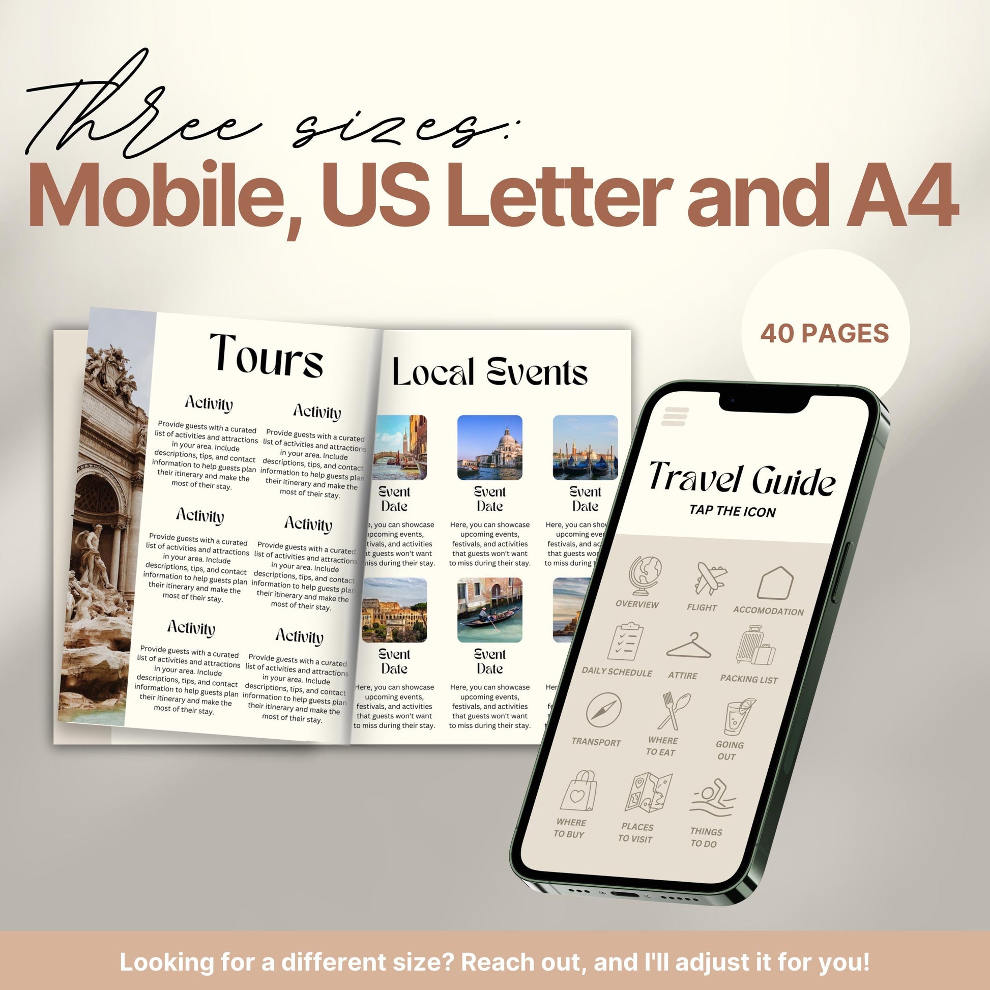 A promotional image for a travel itinerary template available in three sizes: Mobile, US Letter, and A4. 