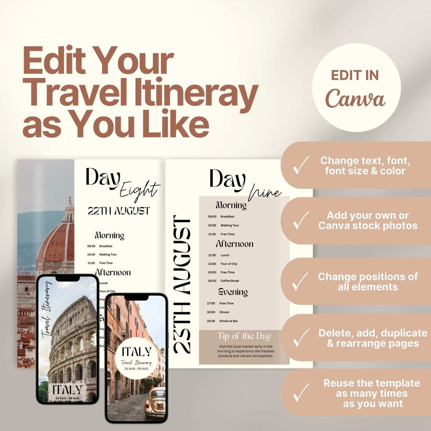 A promotional graphic for a customizable travel itinerary template. On the right, a checklist highlights editable features: change text, font, and colors; add personal or stock photos; rearrange elements; duplicate pages; and reuse the template multiple times. A Canva logo indicates editing is done in Canva.
