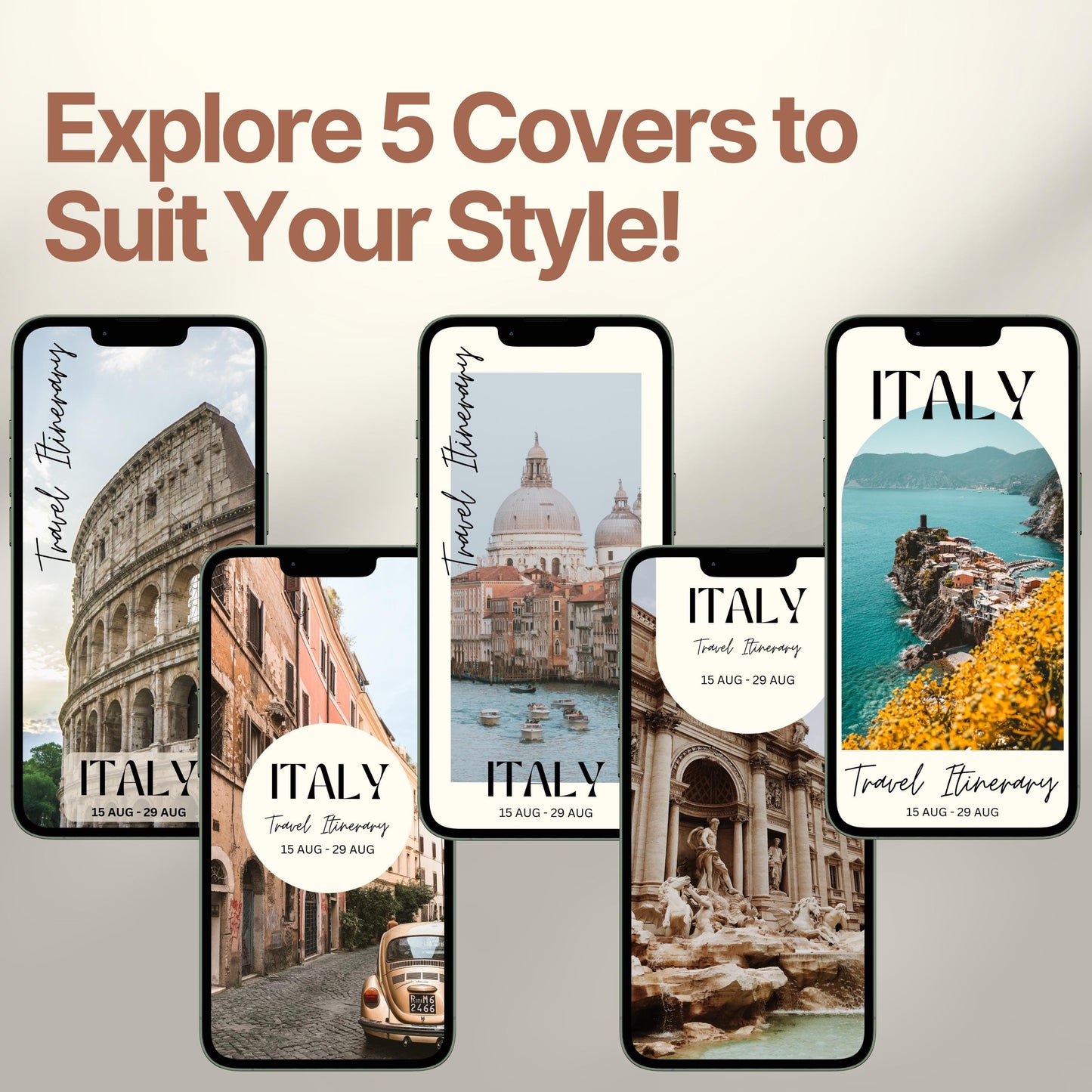 Five smartphone screens display different stylish cover designs. The headline above reads “Explore 5 Covers to Suit Your Style!” showcasing customization options for travelers.