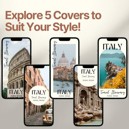 Five smartphone screens display different stylish cover designs. The headline above reads “Explore 5 Covers to Suit Your Style!” showcasing customization options for travelers.