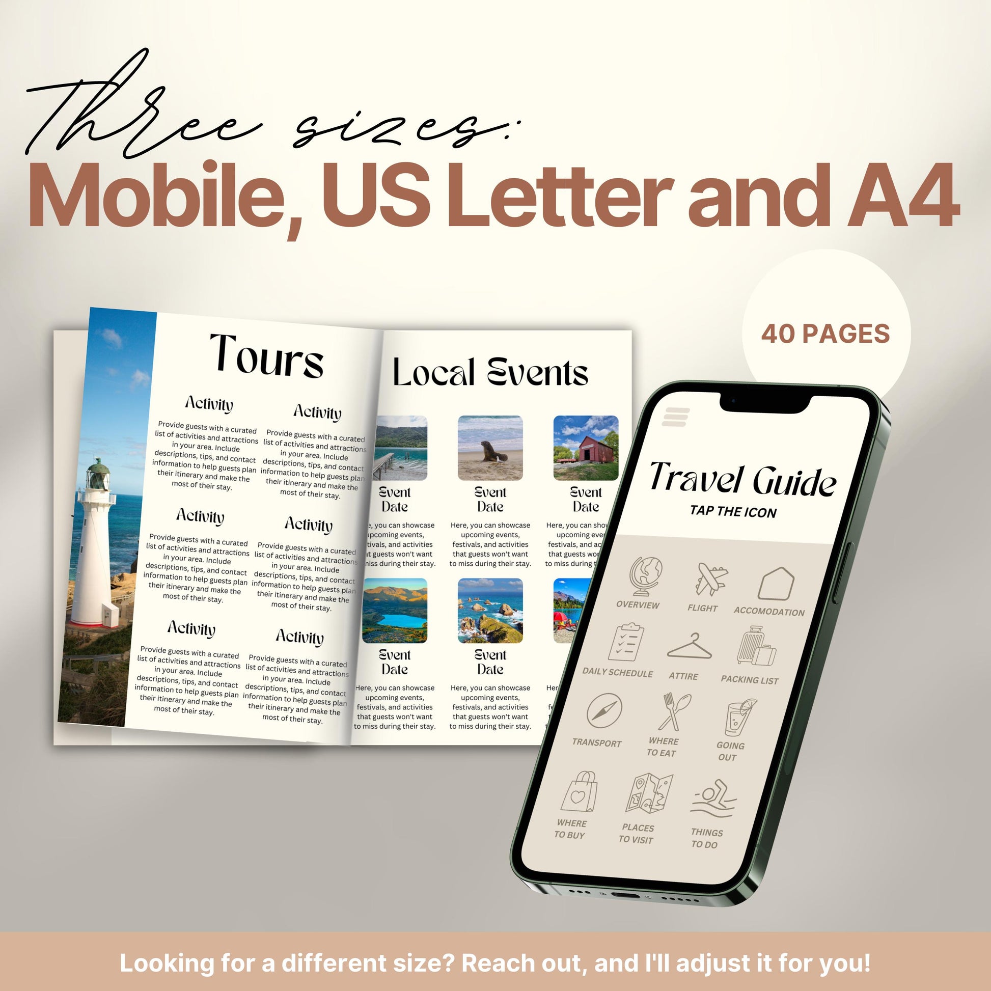 A promotional image for a travel itinerary template available in three sizes: Mobile, US Letter, and A4. 