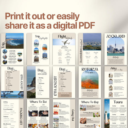 A preview layout showing multiple pages from a travel itinerary template. The design is modern, organized, and visually rich with photos of destinations, local cuisine, and cultural icons.