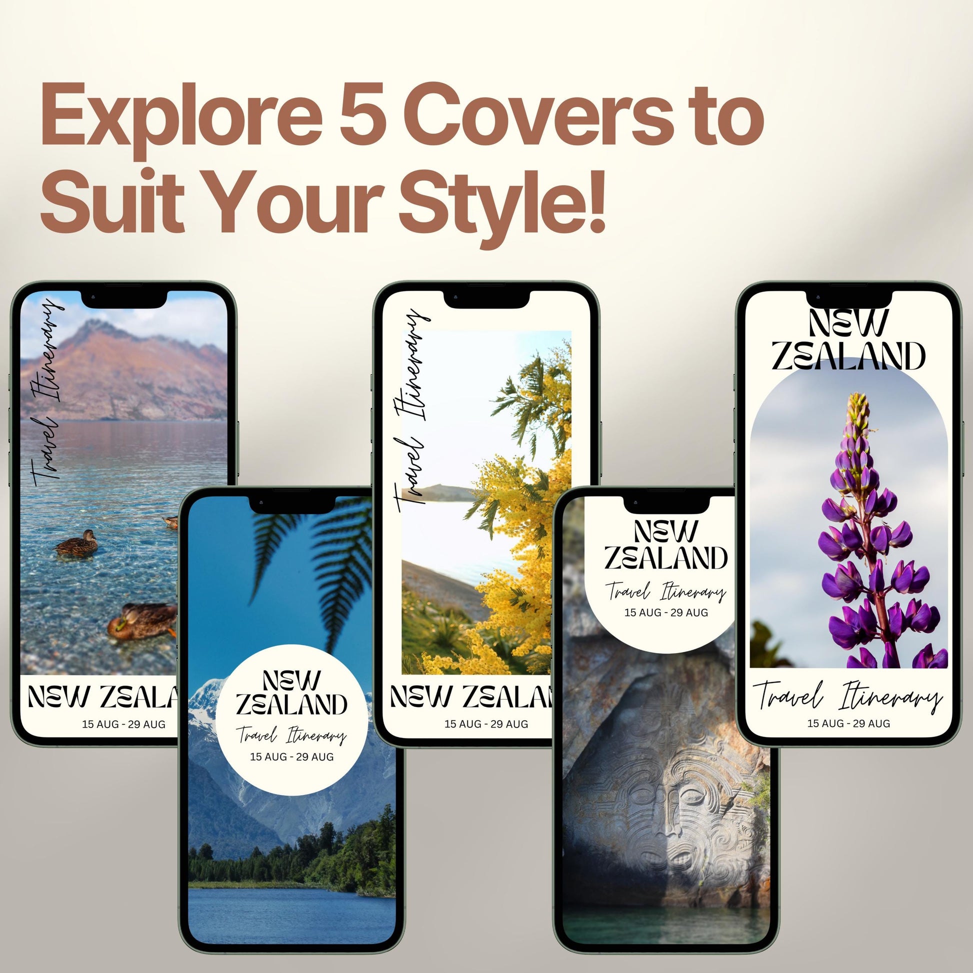 Five smartphone screens display different stylish cover designs. The headline above reads “Explore 5 Covers to Suit Your Style!” showcasing customization options for travelers.