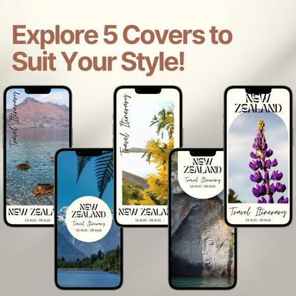 Five smartphone screens display different stylish cover designs. The headline above reads “Explore 5 Covers to Suit Your Style!” showcasing customization options for travelers.