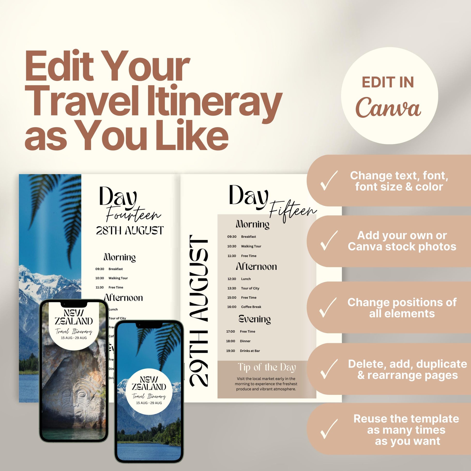 A promotional graphic for a customizable travel itinerary template. On the right, a checklist highlights editable features: change text, font, and colors; add personal or stock photos; rearrange elements; duplicate pages; and reuse the template multiple times. A Canva logo indicates editing is done in Canva.