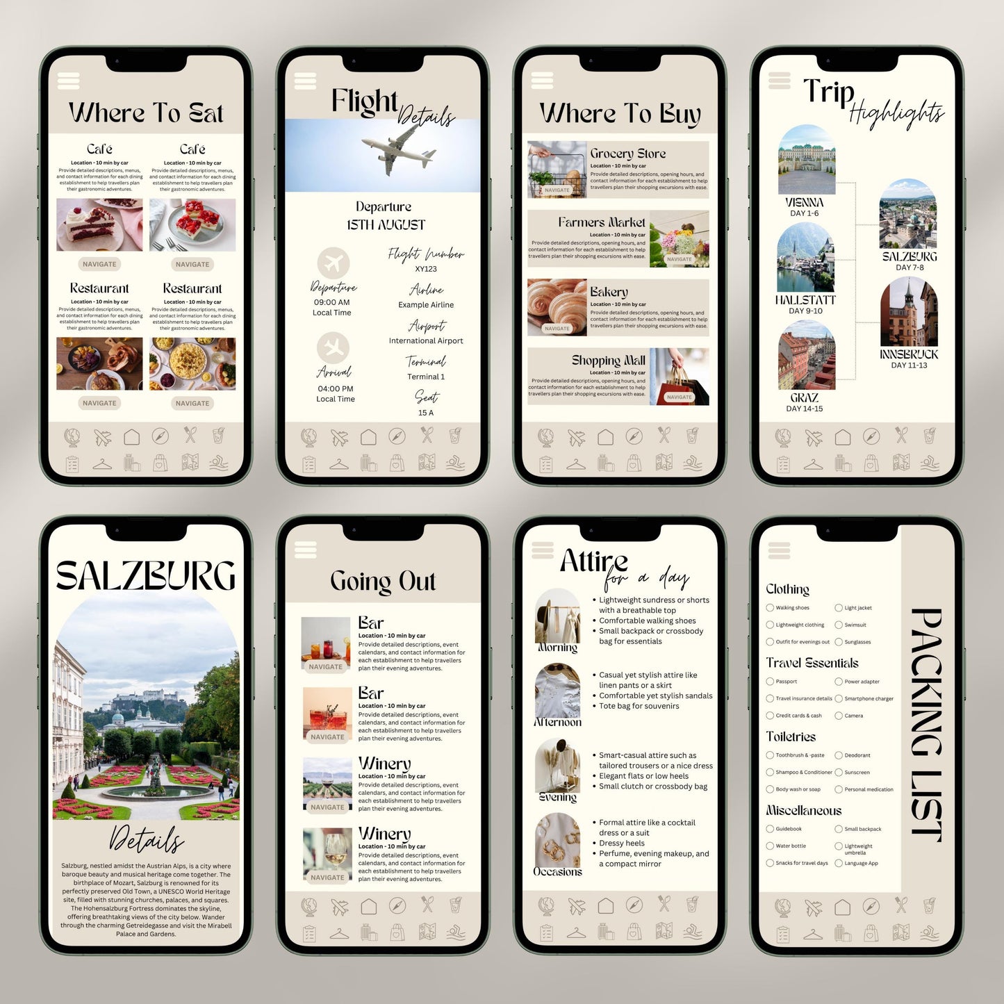 A collage of eight smartphone screens showcases a digital travel itinerary interface. Each screen displays different sections.