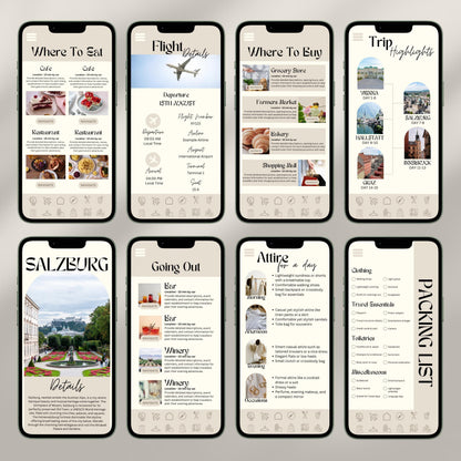 A collage of eight smartphone screens showcases a digital travel itinerary interface. Each screen displays different sections.