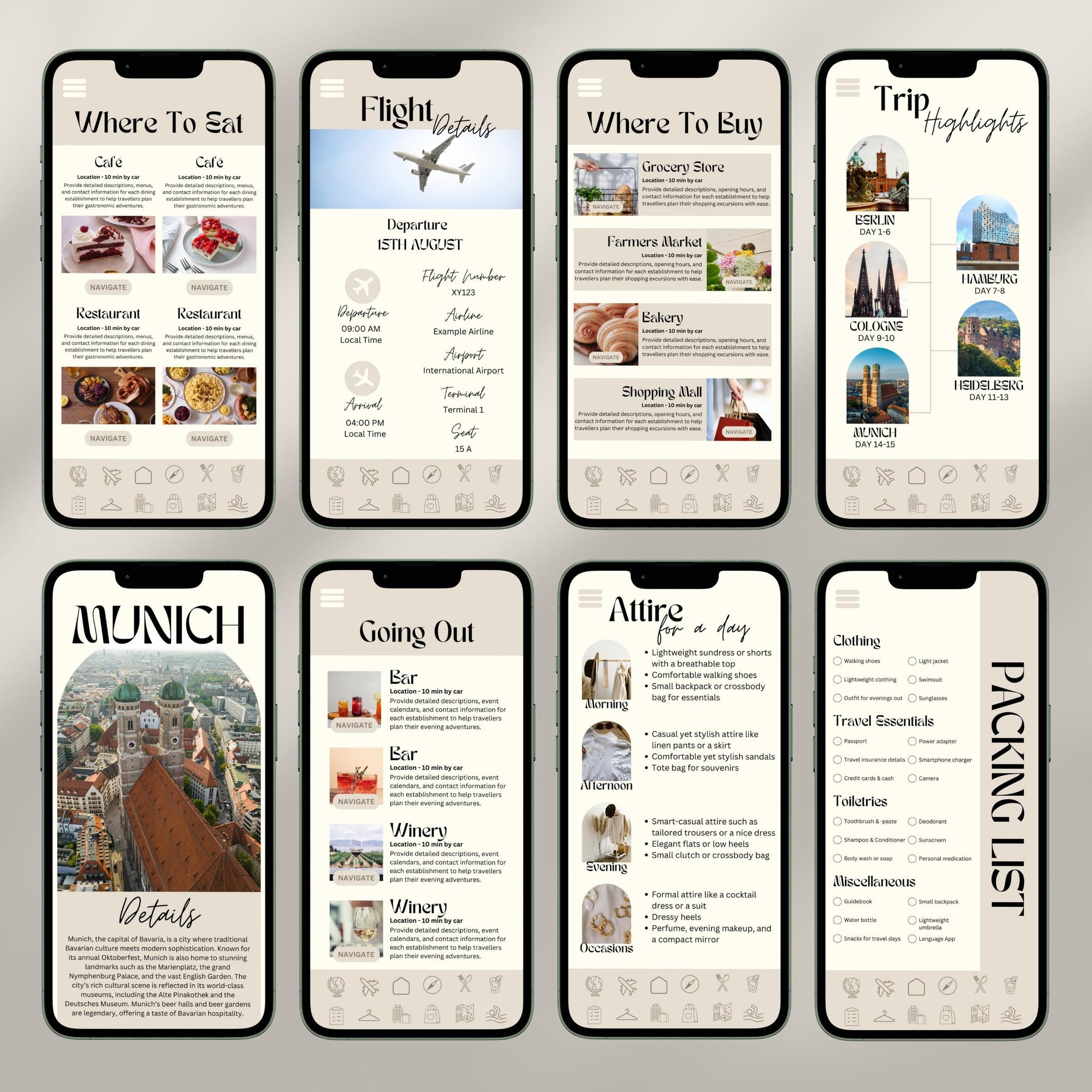 A collage of eight smartphone screens showcases a digital travel itinerary interface. Each screen displays different sections.