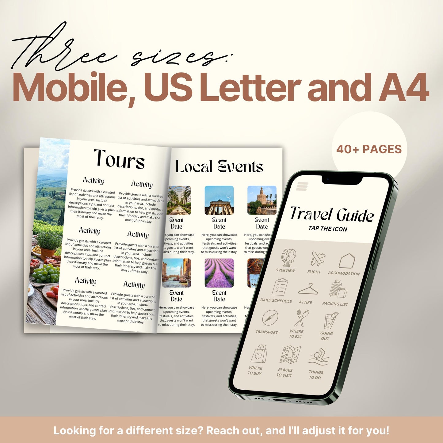 A promotional image for a travel itinerary template available in three sizes: Mobile, US Letter, and A4. 
