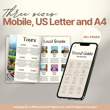 A promotional image for a travel itinerary template available in three sizes: Mobile, US Letter, and A4. 