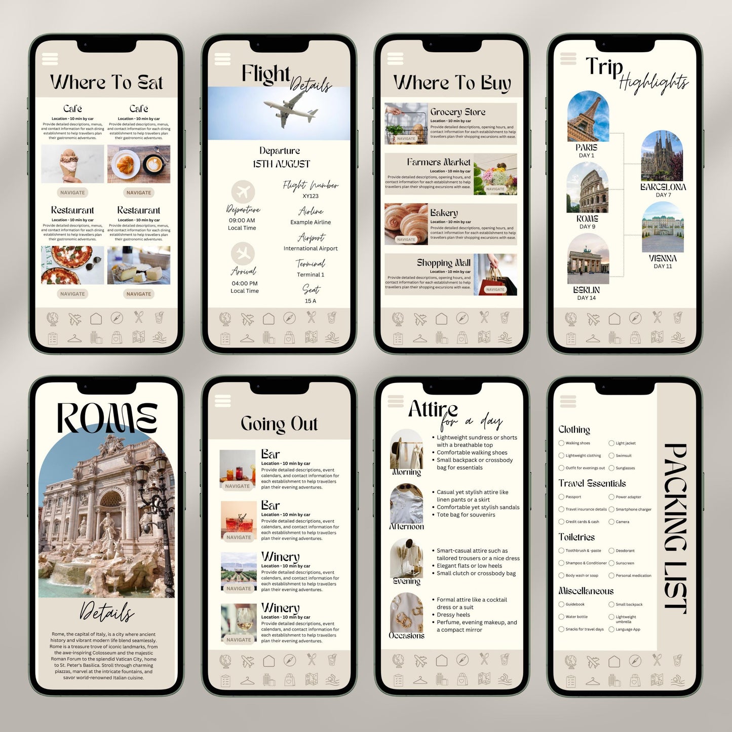 A collage of eight smartphone screens showcases a digital travel itinerary interface. Each screen displays different sections.