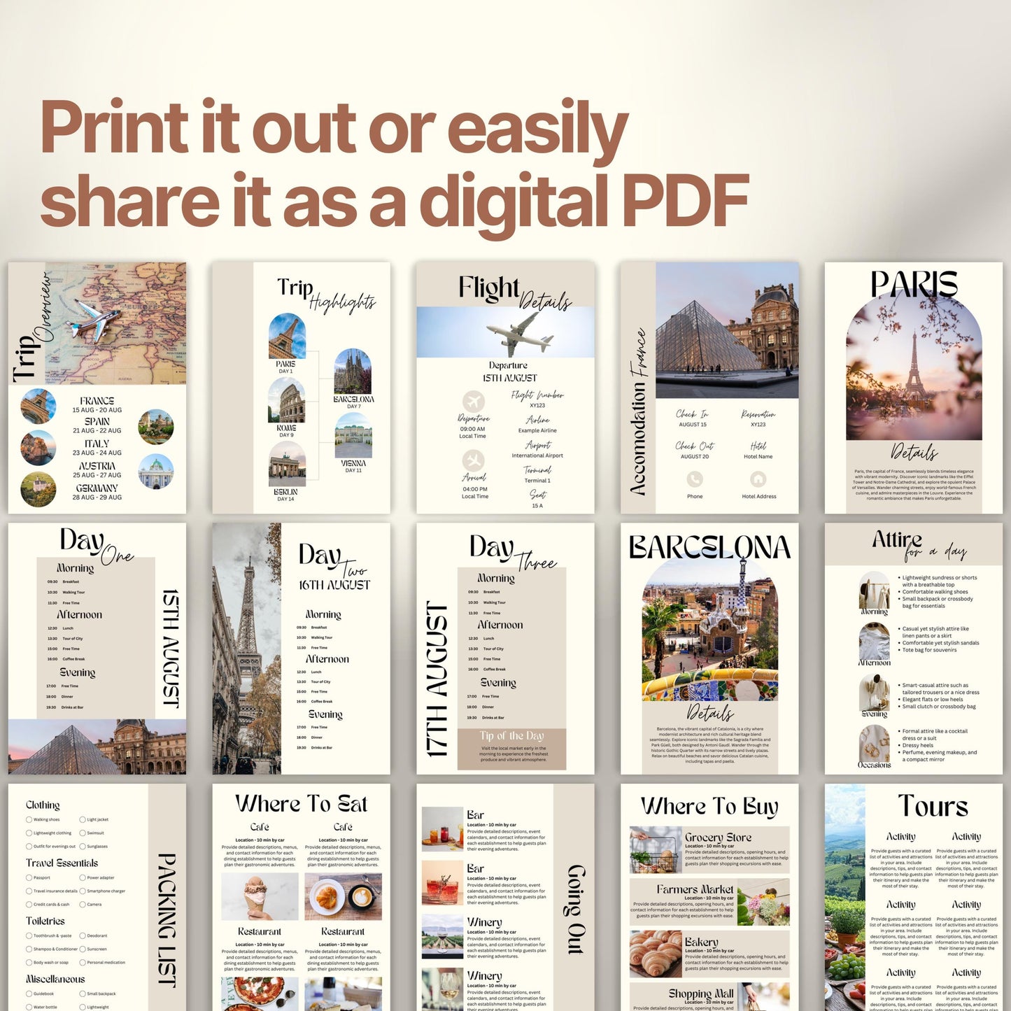 A preview layout showing multiple pages from a travel itinerary template. The design is modern, organized, and visually rich with photos of destinations, local cuisine, and cultural icons.