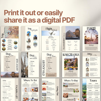 A preview layout showing multiple pages from a travel itinerary template. The design is modern, organized, and visually rich with photos of destinations, local cuisine, and cultural icons.