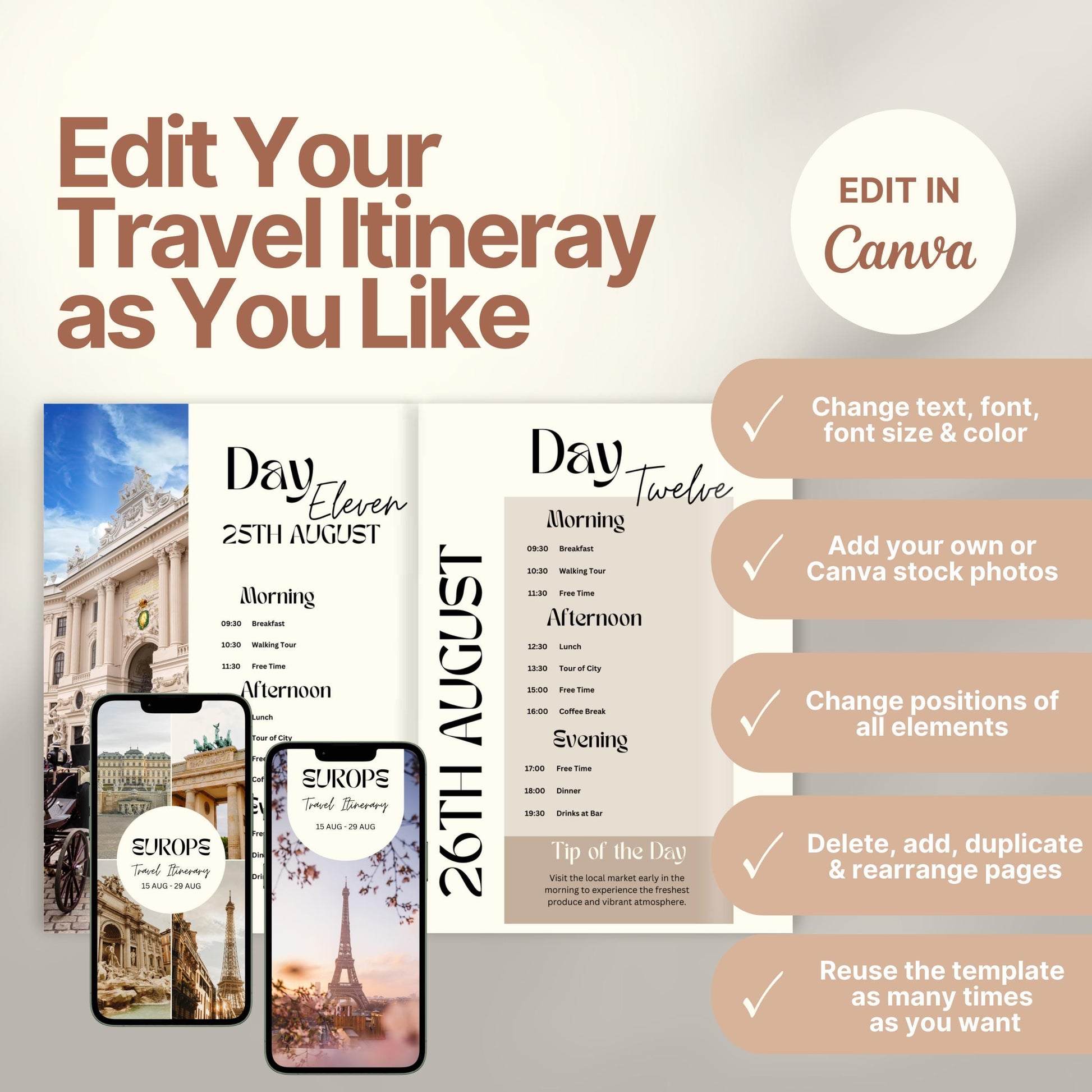 A promotional graphic for a customizable travel itinerary template. On the right, a checklist highlights editable features: change text, font, and colors; add personal or stock photos; rearrange elements; duplicate pages; and reuse the template multiple times. A Canva logo indicates editing is done in Canva.