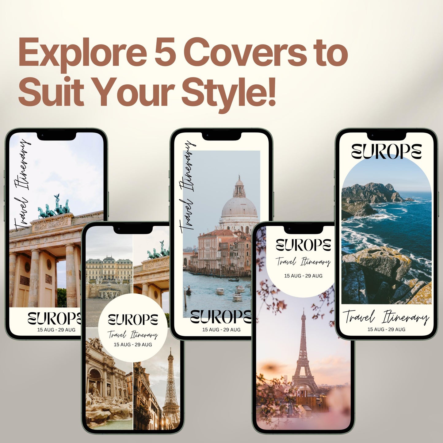 Five smartphone screens display different stylish cover designs. The headline above reads “Explore 5 Covers to Suit Your Style!” showcasing customization options for travelers.