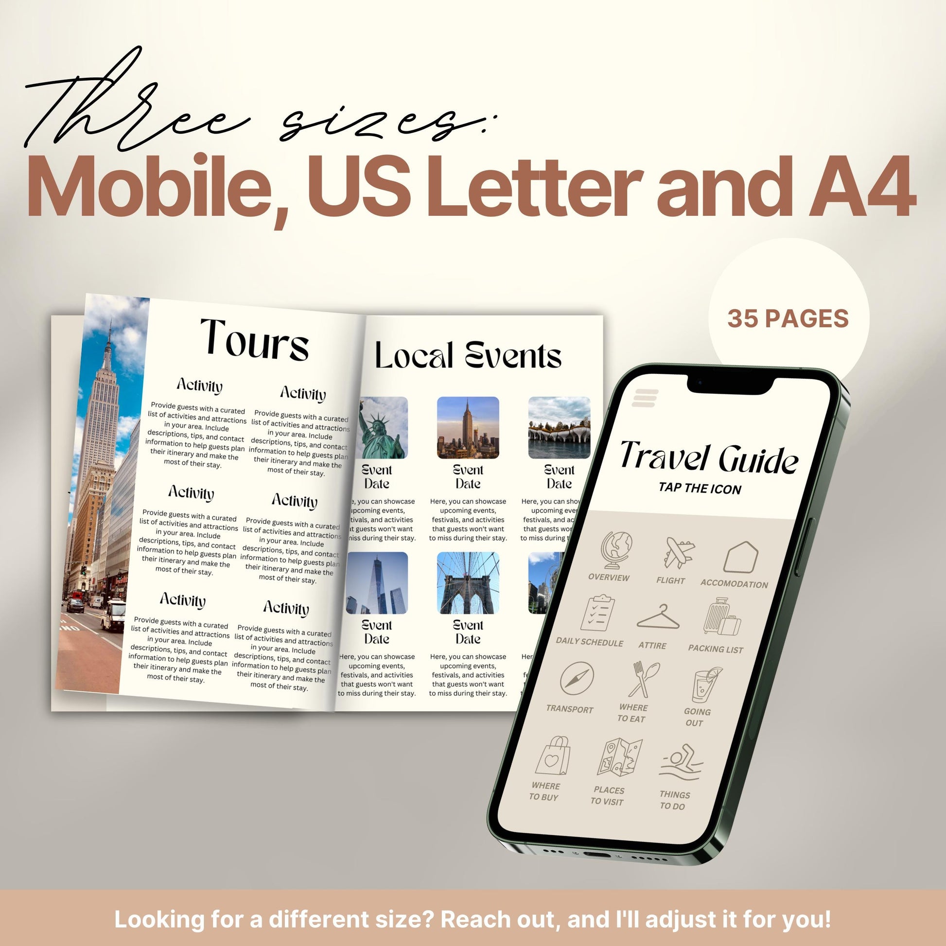 A promotional image for a travel itinerary template available in three sizes: Mobile, US Letter, and A4. 