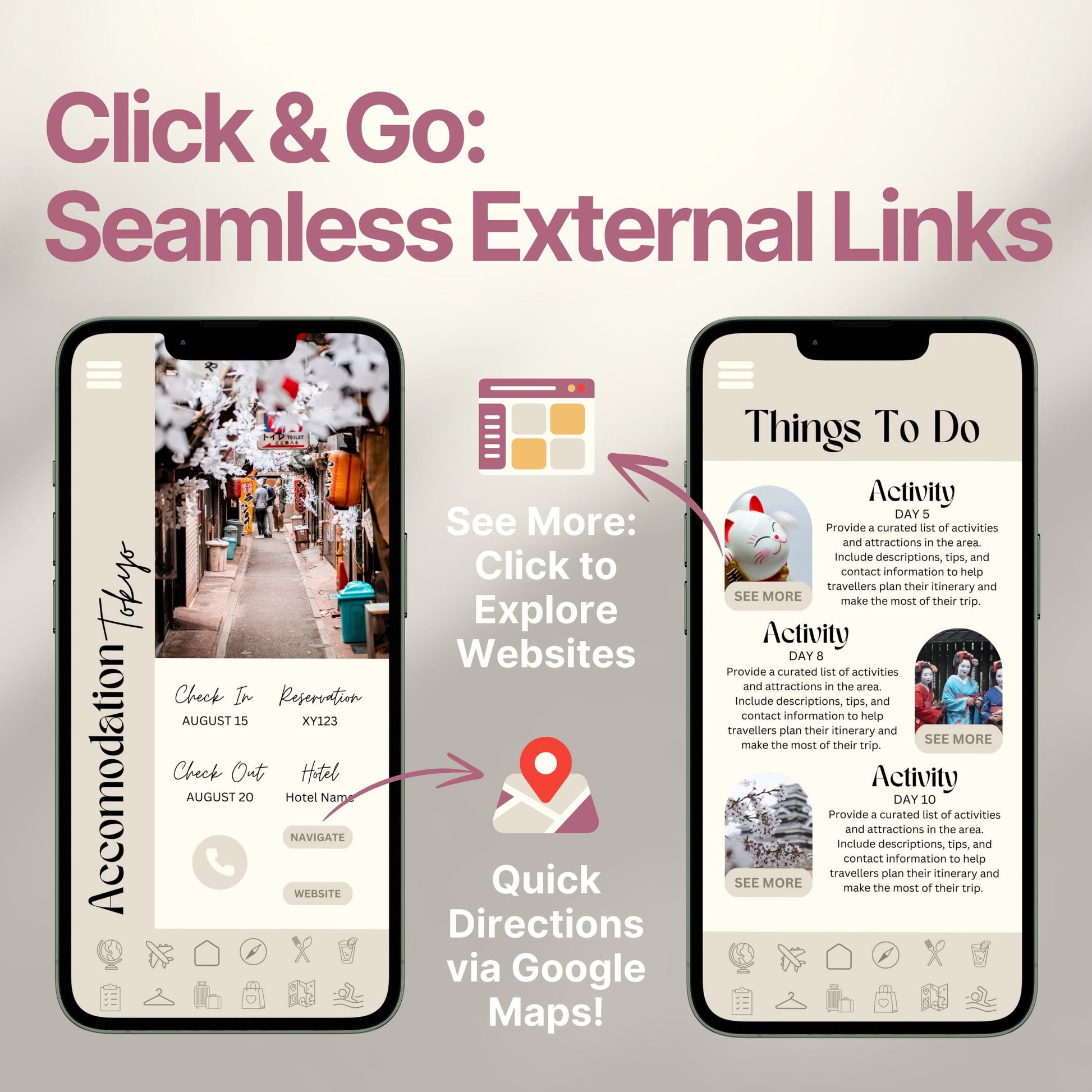 Two smartphones display an interactive digital travel guide interface. Text highlights features like “Quick Directions via Google Maps!” and “Click to Explore Websites,” emphasizing seamless external link integration for an app-like travel experience.