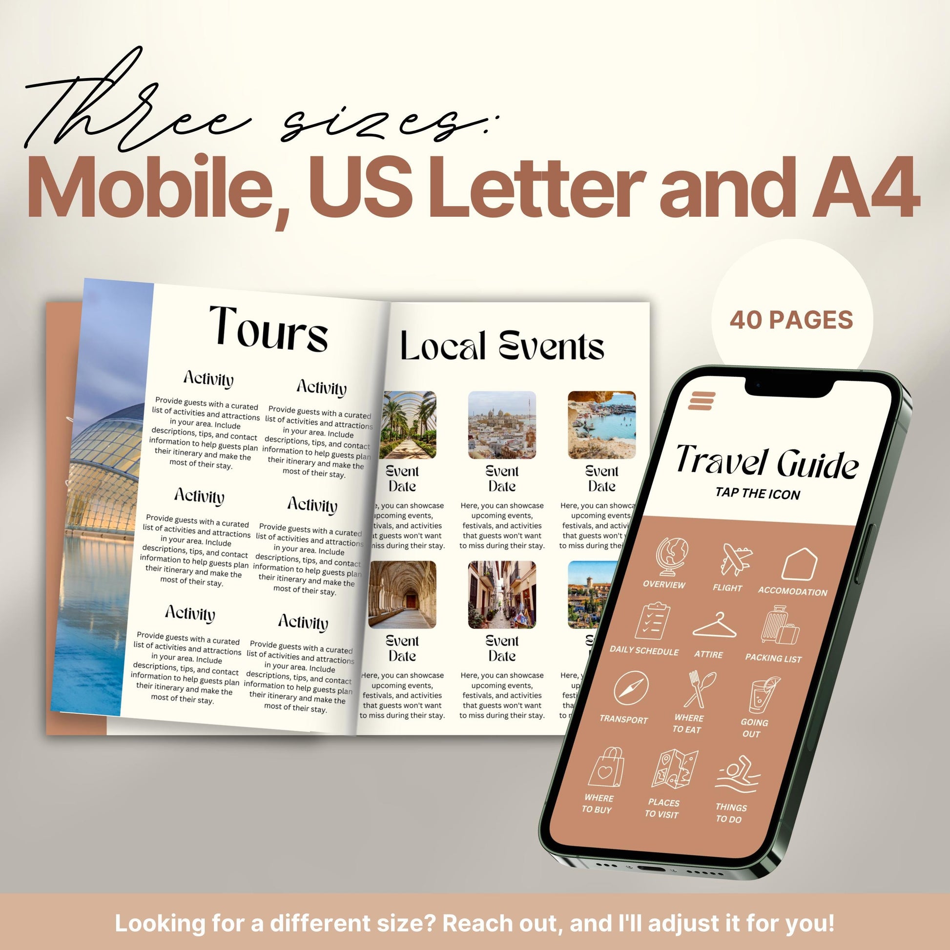 A promotional image for a travel itinerary template available in three sizes: Mobile, US Letter, and A4. 