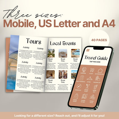 A promotional image for a travel itinerary template available in three sizes: Mobile, US Letter, and A4. 