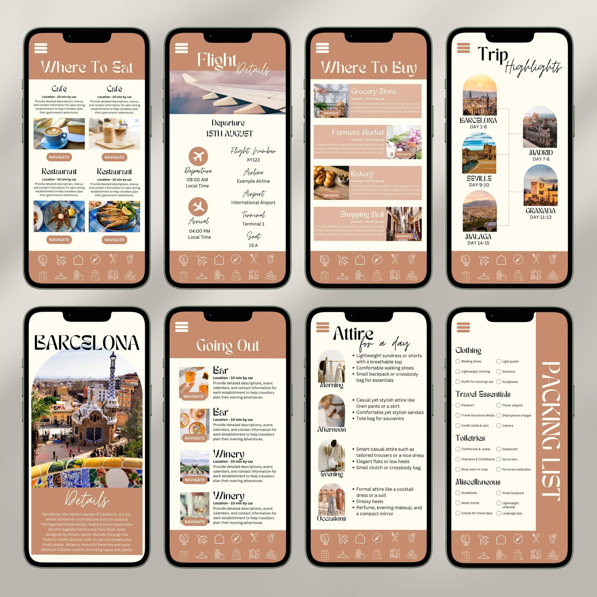 A collage of eight smartphone screens showcases a digital travel itinerary interface. Each screen displays different sections.