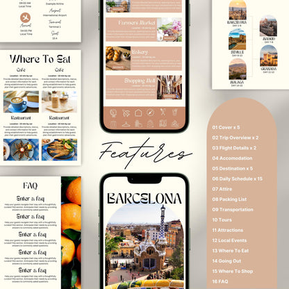 A feature overview of a digital travel itinerary template. The image displays mobile and print pages.
