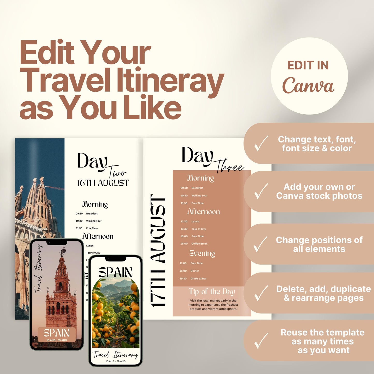 A promotional graphic for a customizable travel itinerary template. On the right, a checklist highlights editable features: change text, font, and colors; add personal or stock photos; rearrange elements; duplicate pages; and reuse the template multiple times. A Canva logo indicates editing is done in Canva.