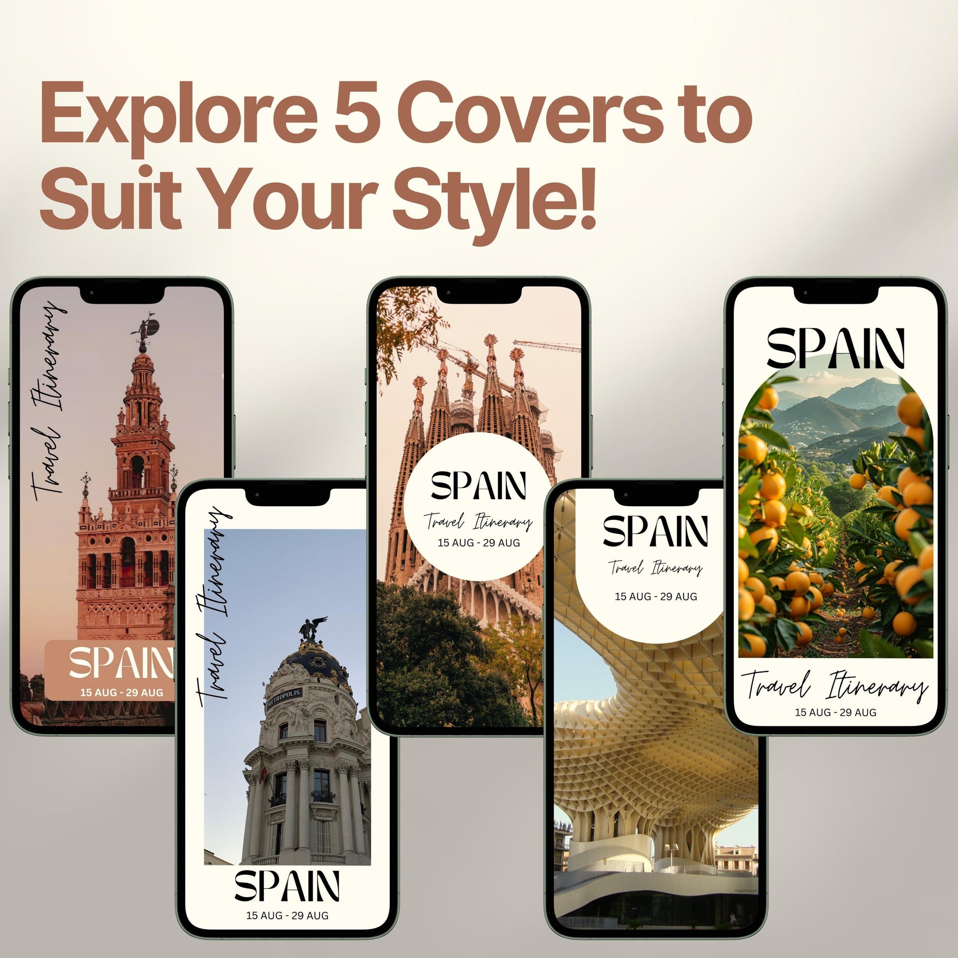 Five smartphone screens display different stylish cover designs. The headline above reads “Explore 5 Covers to Suit Your Style!” showcasing customization options for travelers.